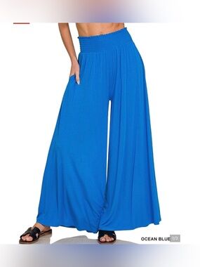 New Zenana Outfitters Palazzo Smocked Waist Pants ~ Ocean Blue